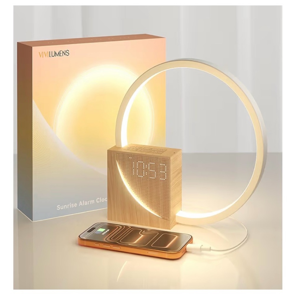 Vivilumens Sunrise Alarm Clock Lamp with Wireless Charging - Wood/White